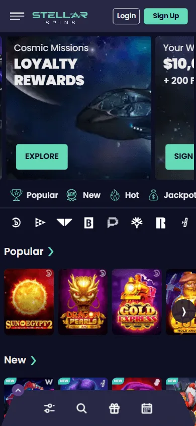 Stellar Casino mobile browser interface with game search and navigation shortcuts
