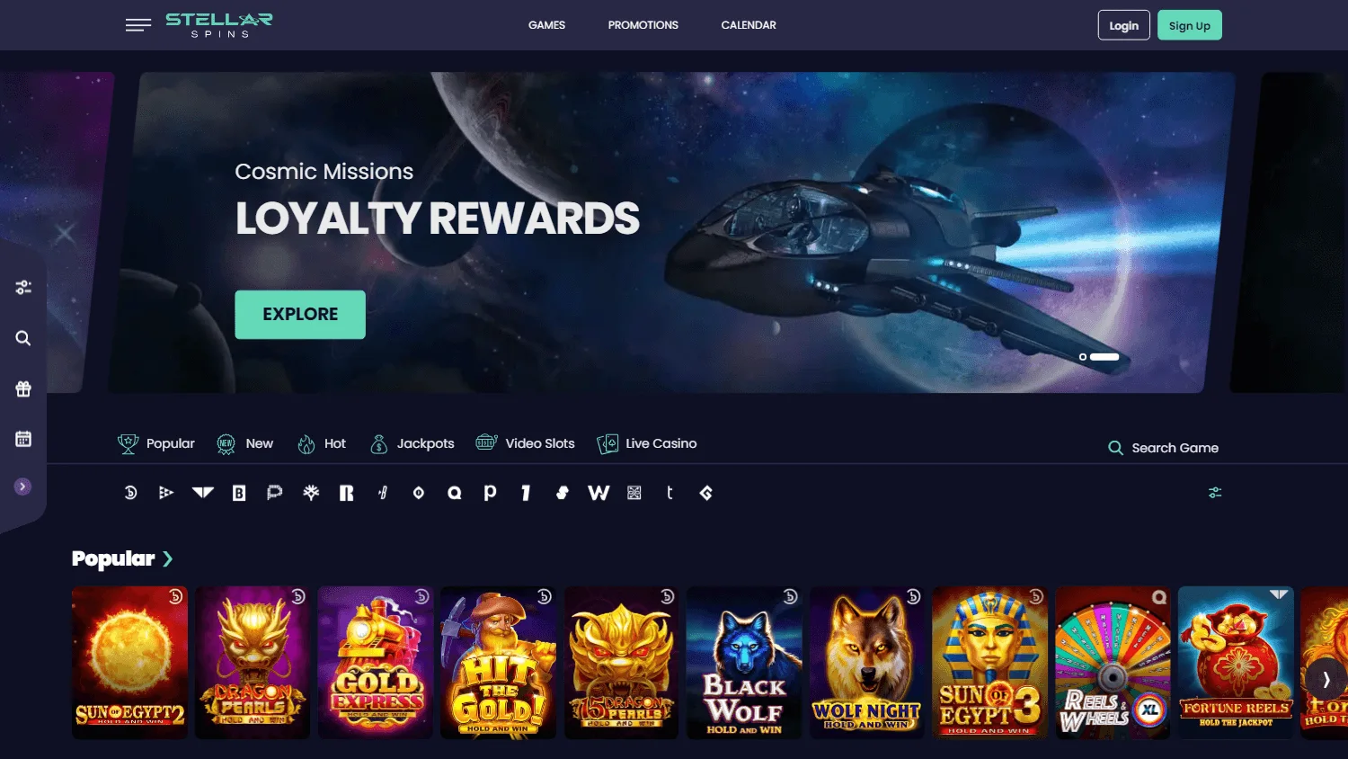 Stellar Casino desktop home interface with the welcome package and casino navigation