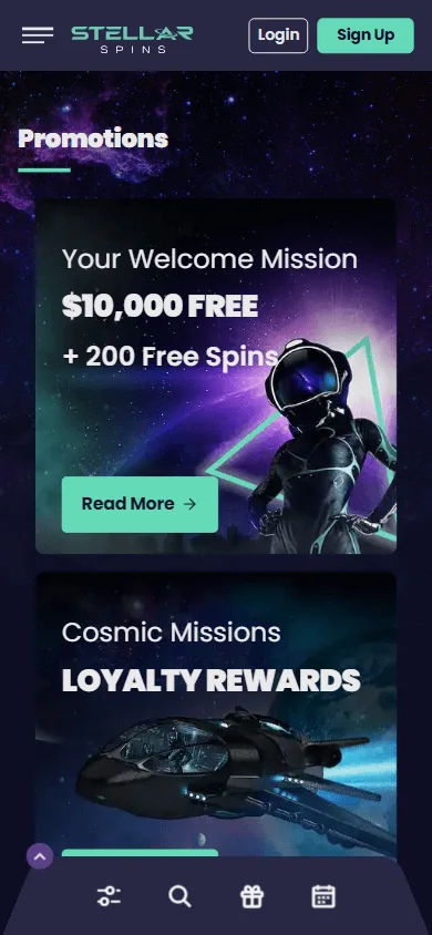 Stellar Casino mobile promotions interface with free spins and loyalty offers